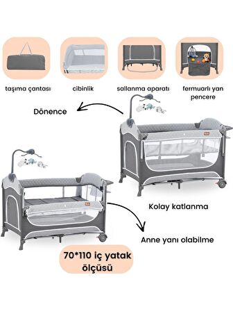Gulz Atlas Plus Anne Yanı Sallanır Cibinlikli Dönenceli Oyun Parkı Bebek Beşik 70X110 cm